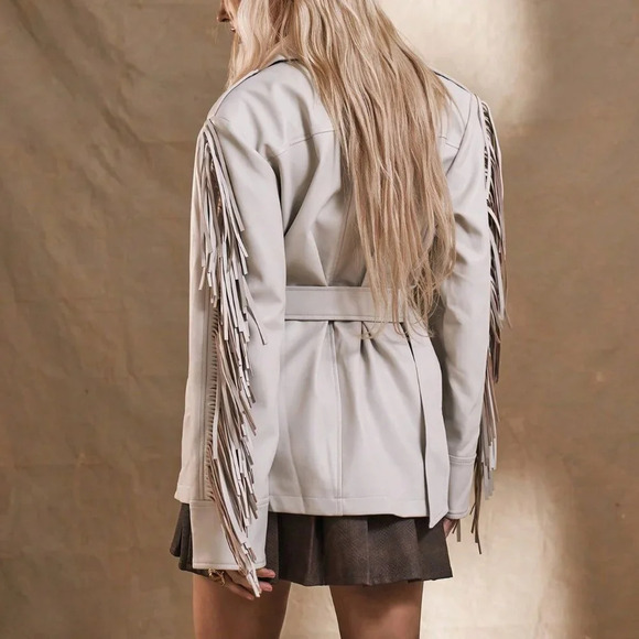 Beige Casual Women's Western Boho Fringe Woven Fabric Jacket - Picture 3 of 5